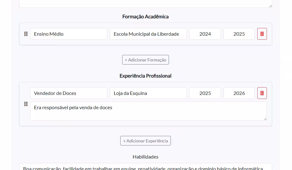 Interface do novo Gerador de Currículo