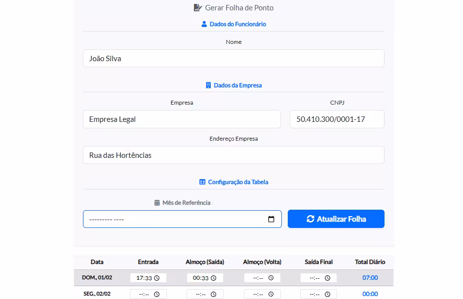 Nova interface da Folha de Ponto Online do Cálculo Correto